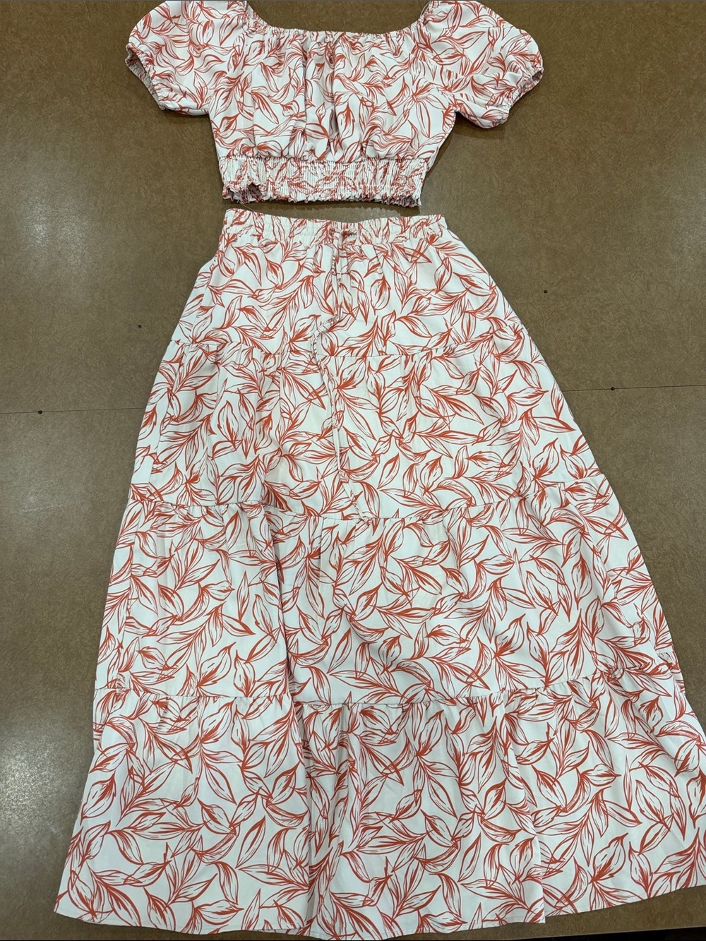 HYFVE White Two-Piece Leaf Print Crop Top and Maxi Skirt Set in Coral • Size S